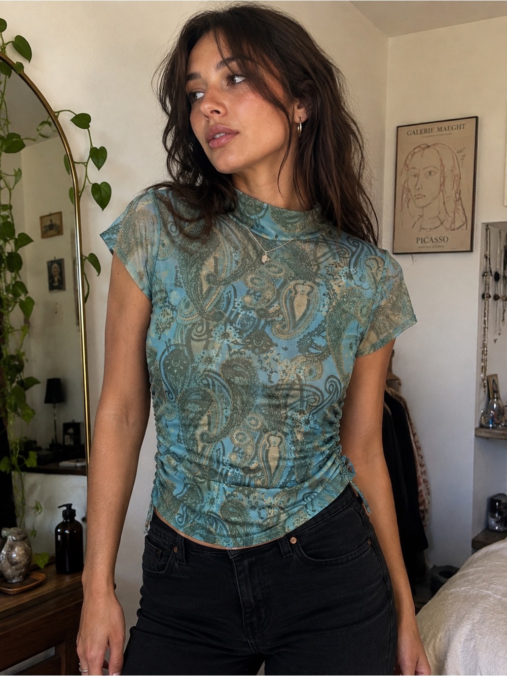 Y2K Whimsigoth Sheer Mesh Paisley Mock Neck Top 90s Mesh Ruched Stretch Indie